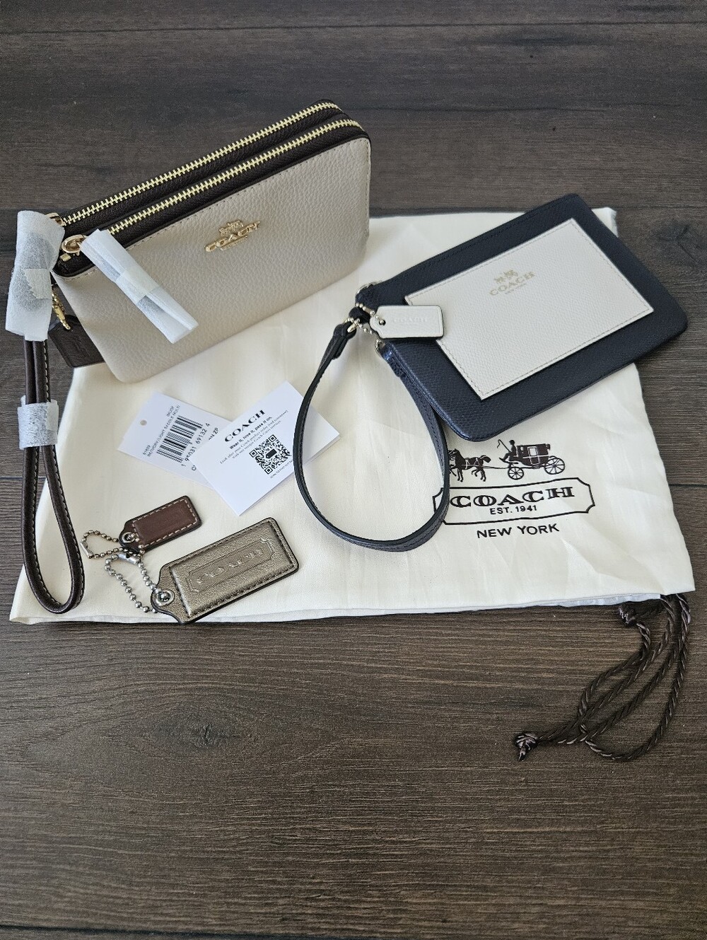 Coach Two-Tone Cream and Black Leather Wristlet with Card Case